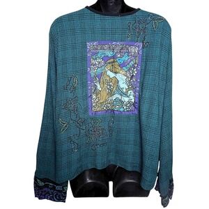 Faith by Celia Forrester Womens Embroidered Beaded Plaid Long Sleeve Tunic XL‎
